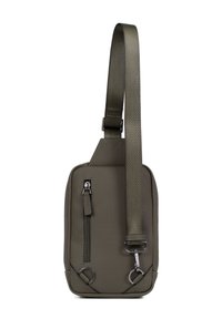 Borsa a tracolla verde oliva con tessuto texturizzato, tracolla regolabile, due scomparti con zip e dettagli in metallo. Forma rettangolare compatta.