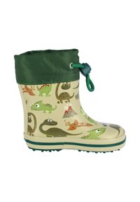 Bottes de pluie pour enfants en caoutchouc, beiges avec des motifs colorés de dinosaures, col vert, cordon de serrage vert ajustable, semelle en caoutchouc.