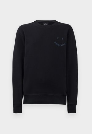 Sweatshirt noir en coton, avec un col rond côtelé, des manches longues et un petit logo bleu foncé sur la poitrine.