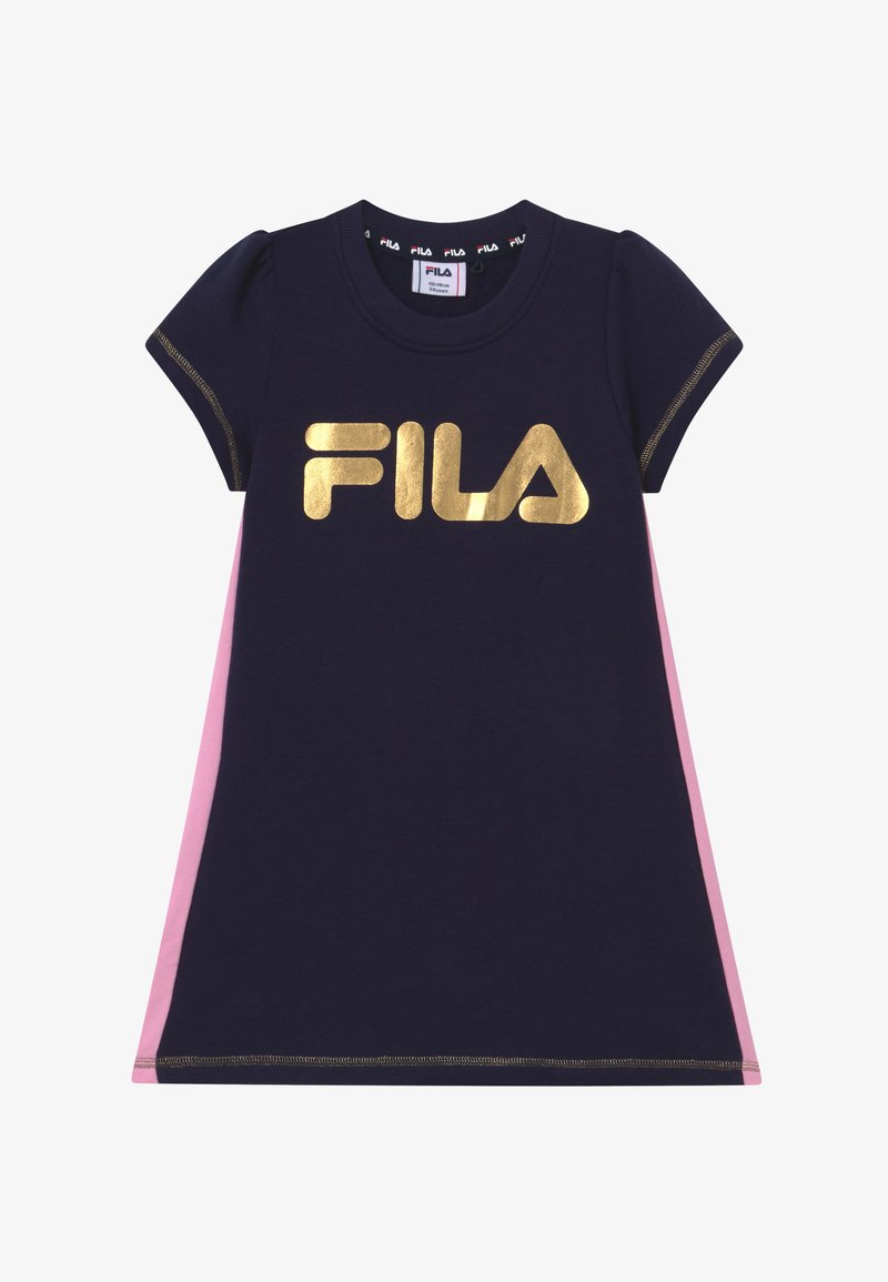 Abito T-shirt in cotone blu navy con maniche corte a sbuffo, caratterizzato da un logo FILA dorato e pannelli laterali rosa. Tessuto morbido, scollo tondo.
