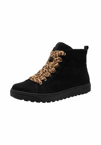 Black suede ankle boots with a textured leopard print lace, sturdy rubber sole, and pull tab on the heel for easy wear.
