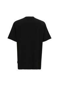 Schwarz T-Shirt mit kurzen Ärmeln und klassischem Rundhalsausschnitt, aus glattem Stoff, mit lockerer Passform und geradem Saum.