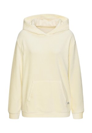 Hellcremefarbener, gerippter Hoodie mit langen Ärmeln, Kängurutasche und Kapuze, gefertigt aus weichem, strukturiertem Stoff.