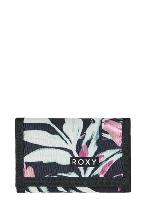 Zwarte portemonnee met een bloemenpatroon van groene bladeren en roze bloemen. Gemaakt van duurzaam stof, met een Roxy-logo aan de voorkant.