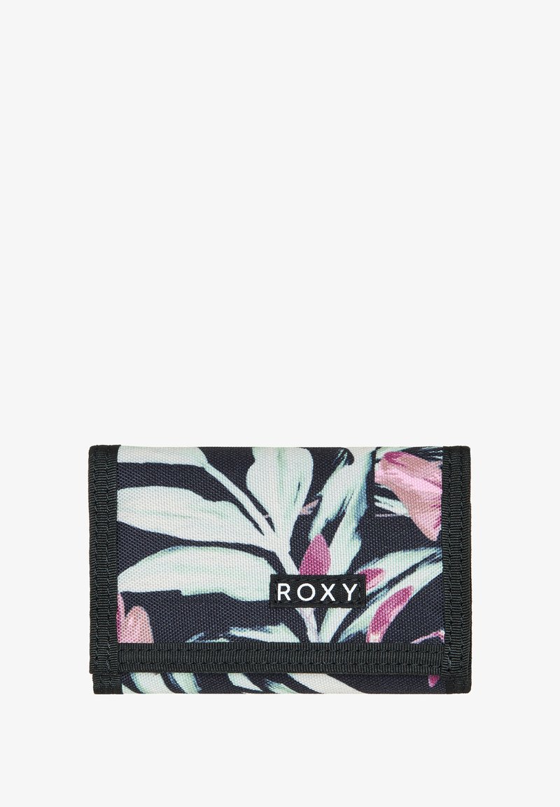 Zwarte portemonnee met een bloemenpatroon van groene bladeren en roze bloemen. Gemaakt van duurzaam stof, met een Roxy-logo aan de voorkant.