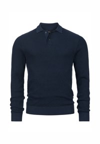 Marineblaues Langarm-Polo-Sweatshirt aus strukturiertem Strickstoff mit gefaltetem Kragen und zwei Knöpfen, ausgestattet mit gerippten Bündchen und Saum.