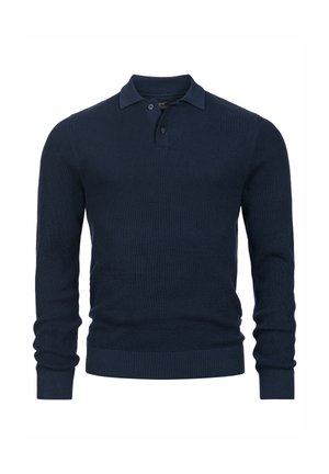 Maglione polo a manica lunga di colore blu navy realizzato in tessuto a maglia testurizzato con colletto ripiegato e pattina con due bottoni, caratterizzato da polsini e orlo a costine.