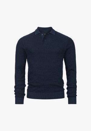 Marineblå langærmet polo sweater lavet af struktureret strikstof med reverskrave og to knapper, med ribbede manchetter og kant.
