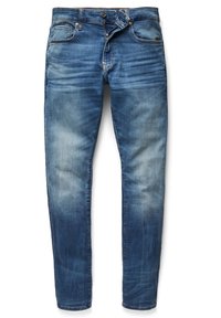 Blå denimjeans med ett urblekt utseende, femficksdesign, knappgylf och rak passform. Har synlig sömnad och metallbeslag.
