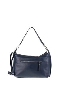 Borsa in pelle blu navy con superficie testurizzata, dotata di chiusura a zip sulla parte superiore e tasca anteriore con zip. Inclusa una tracolla regolabile.