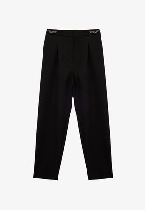 Black trousers with a tailored design, featuring pleats and metallic accents at the waistband. Made from smooth fabric with a structured shape.