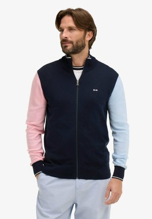 Homme portant un pull à fermeture éclair bleu marine avec une manche gauche rose et une manche droite bleu clair, associé à un pantalon bleu clair.