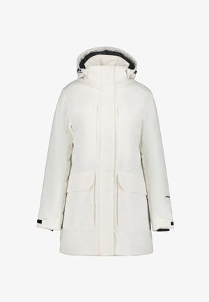 Vit isolerad vinterjacka med huva, framfickor med klaff och justerbara handledsremmar, designad för skydd mot kallt väder.