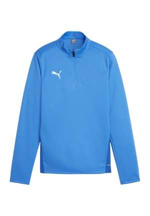 Lichtblauw kwart-rits lange mouw top van glad materiaal. Heeft een wit logo op de borst en mesh accenten aan de zijkanten.