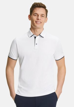 White polo shirt with navy accents on the collar and sleeves; features a two-button placket. Made of soft, textured fabric.
