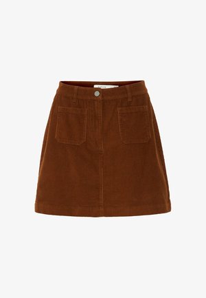 Barna kord nadrág szoknya, szűkített derékkal, két elülső zsebbel és gombos záródással. Fodorozott textúrával és A-vonalú szabással.