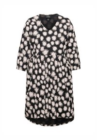 Robe noire longueur genou avec motif floral abstrait blanc, col en V et manches trois-quarts, légèrement froncée à la taille.