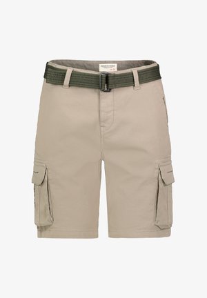 Beige cargo shorts made of durable fabric with two side pockets, and a green woven belt. Features a tag with the brand "EIGHT2NINE" and size 32.