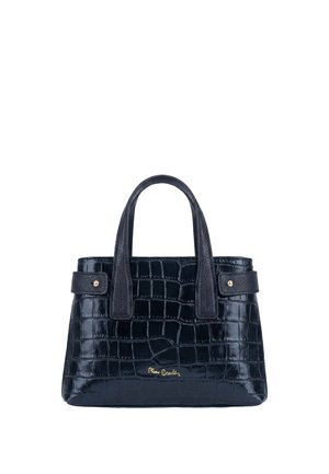 Black crocodile-embossed leather handbag with two handles and gold brand logo on front center.