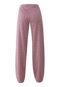 Pantalons larges à motifs en rose et violet, présentant un design géométrique en zigzag, une taille élastique et une texture de tissu douce.