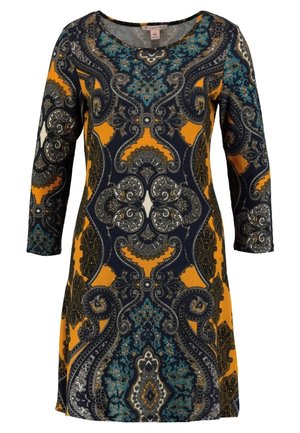 Langærmet kjole med rund hals med indviklede paisley- og blomsterprint i orange, marineblå, sort og teal farver.