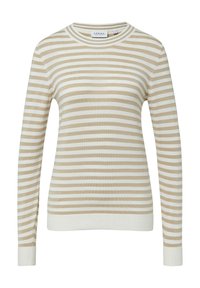 Beige und weiß gestreifter Pullover mit langen Ärmeln, rundem Halsausschnitt und gerippten Bündchen. Aus weichem, leichtem Strickmaterial gefertigt.