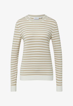 Beige en wit gestreept sweater met lange mouwen, ronde halslijn en ribgebreide manchetten. Gemaakt van zacht, lichtgewicht breimateriaal.