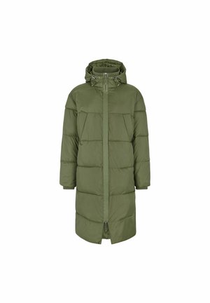 Manteau doudoune vert avec capuche, présentant une fermeture éclair sur le devant, de grandes poches poitrine et un motif matelassé. Fabriqué à partir d'un matériau lisse et résistant à l'eau.