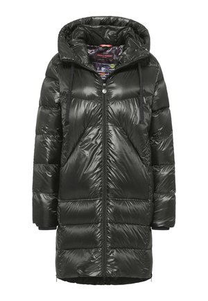 Dunkelgrüne Steppjacke mit glänzender Oberfläche, übergroßer Kapuze, Frontreißverschluss und elastischen Kordelzügen. Mit horizontal gesteppten Abschnitten.