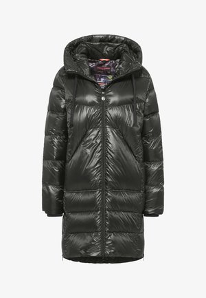 Dunkelgrüne Steppjacke mit glänzender Oberfläche, übergroßer Kapuze, Frontreißverschluss und elastischen Kordelzügen. Mit horizontal gesteppten Abschnitten.