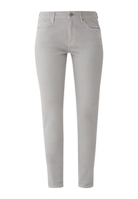 Jeans slim fit de color gris claro, fabricados con una tela de algodón elástico. Cuenta con dos bolsillos frontales, un bolsillo trasero y un cierre de botón metálico.