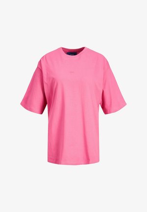 T-shirt de algodão rosa com um corte descontraído, mangas curtas e decote redondo. Apresenta uma marcação subtil na parte da frente. Cor sólida, textura suave.