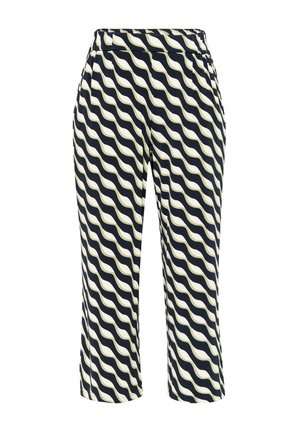 Navy and cream patterned pants featuring a wavy design, made of lightweight fabric with an elastic waistband and cropped length.