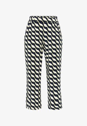 Marineblau- und cremefarbene gemusterte Hose mit einem wellenförmigen Design, aus leichtem Stoff mit einem elastischen Bund und cropped Länge.