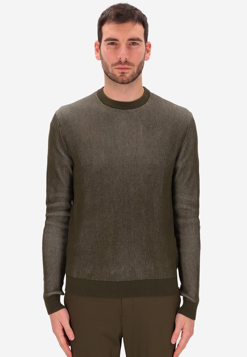 Uomo con capelli corti scuri e barba, che indossa un maglione a maniche lunghe a coste di colore verde oliva e pantaloni abbinati, in piedi con le braccia rilassate.