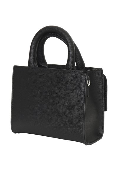 Zwarte handtas met textuur, twee ronde handgrepen, rechthoekige vorm en een zijrits. Gladde oppervlakte, compact ontwerp.