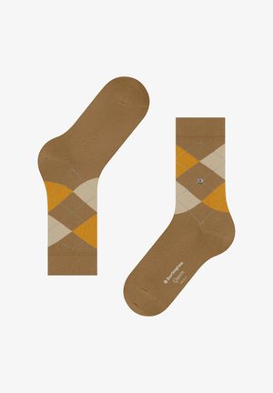 Braune Argyle-Socken mit Rautenmuster in Beige und Senfgelb. Glatte Textur mit klassischem Design; Logo am Zehenbereich gedruckt.