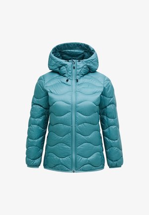 Teele isolierte Jacke mit durchgehendem Reißverschluss, Kapuze und wellenförmigen Nähten. Glatte Textur mit verstellbarem Kordelzug an der Kapuze.