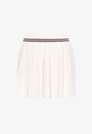 Fehér plisszírozott szoknya bordázott derékrésszel, mely tengerészkék és piros csíkokkal díszített. Puha anyagból készült, égő sziluettje van, és térd felett végződik.