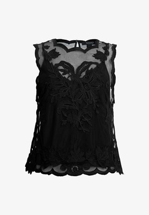 Top senza maniche nero con ricami floreali e bordi scallop, realizzato in tessuto trasparente con un fronte testurizzato e dettagli di cucitura delicati.