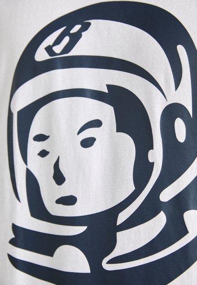 White fabric featuring a dark blue graphic of an astronaut's face with a helmet, highlighting simple facial features and minimal details.