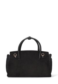 Borsa in suede nero con rifiniture in pelle e doppi manici. Presenta un design strutturato e dettagli metallici nei punti di attacco dei manici.