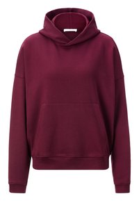 Bordeaux hoodie gemaakt van zacht, gestructureerd materiaal. Beschikt over een ruime voorzak, een oversized pasvorm en een verstelbare capuchon met trekkoord.