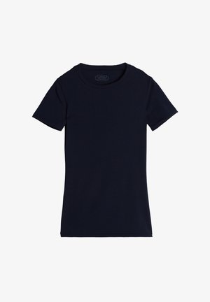 T-shirt en coton bleu marine avec un col rond, des manches courtes et une silhouette ajustée. Texture lisse sans motifs ni accents visibles.
