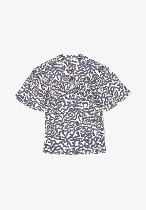 Blouse à manches courtes avec une base blanche ornée d'un motif abstrait bleu et marron. Léger, coupe décontractée, avec un col froncé.