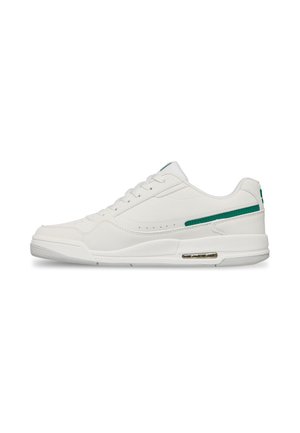 White low-top sneaker with green stripe detail, lace-up closure, and visible air cushion in the sole, shown from the side on white background.