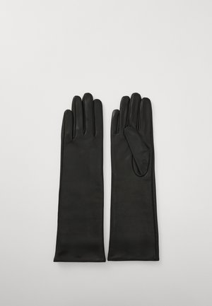 Black leather gloves with a smooth texture, featuring elongated fingers and a fitted design, suitable for formal wear.