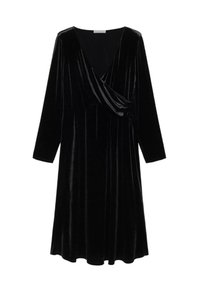 Schwarzes Samtkleid mit langen Ärmeln, tiefem V-Ausschnitt und plissiertem Design, mit drapiertem Vorderteil und fließendem Rock.