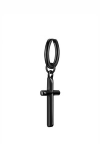 Boucle d'oreille en métal noir avec un pendentif croix poli fixé par un petit anneau de saut, au design minimaliste et à la texture lisse.