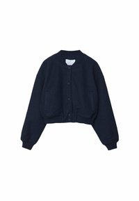 Marineblauwe, cropped varsity jack gemaakt van een zachte wolmix, met een ronde kraag, knoopsluiting en twee zijzakken.